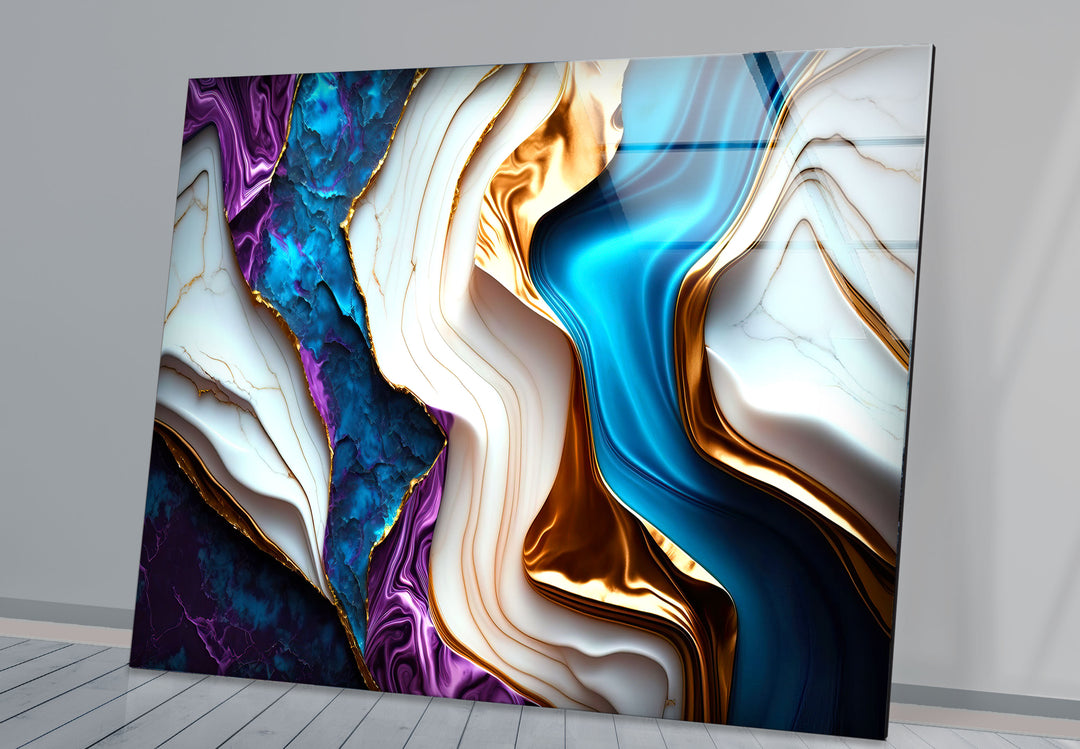 Colorful Marble Abstract Wall Art – Blue, Purple & Gold Glass Print Design