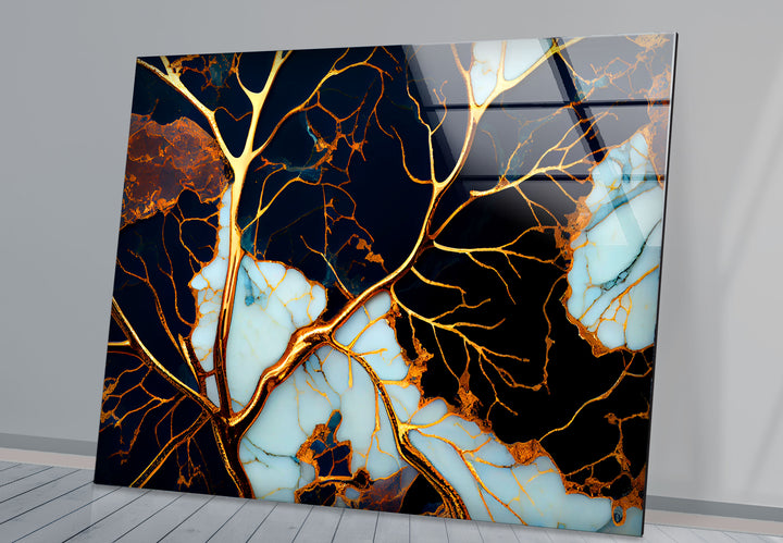 Electric Veins Abstrakte Wandkunst – Goldmarmor-inspirierter Glasdruck
