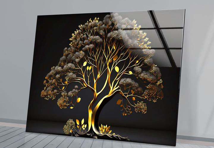 Golden Tree Wandkunst – Luxuriöses Gold- und Schwarz-Natur-Glasdruckdesign