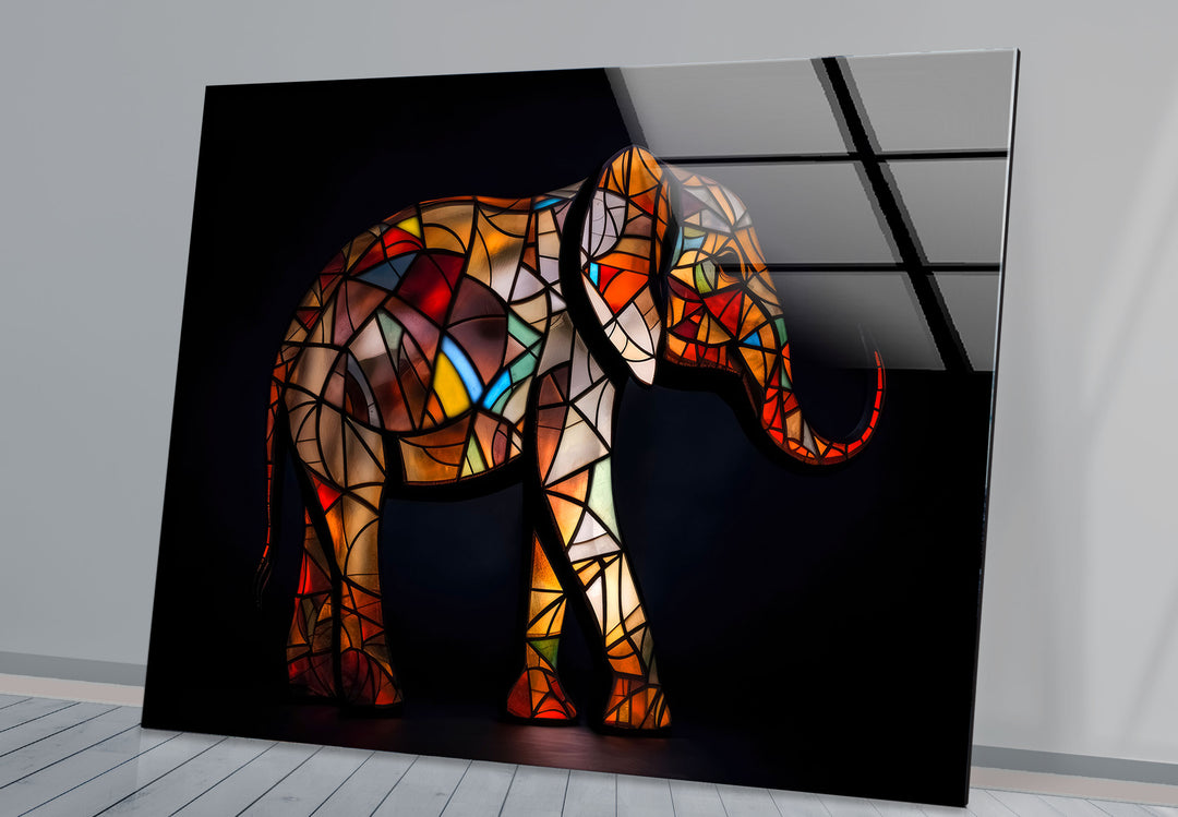 Stained Glass Elephant Wall Art – Colorful Animal Glass Print for Modern Decor