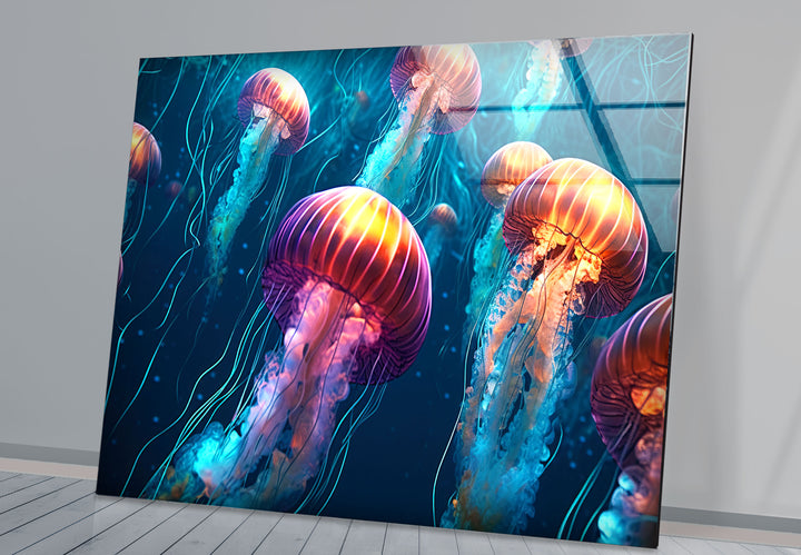 Leuchtende Quallen-Wandkunst – Unterwasser-Ozeanszene-Glasdruck