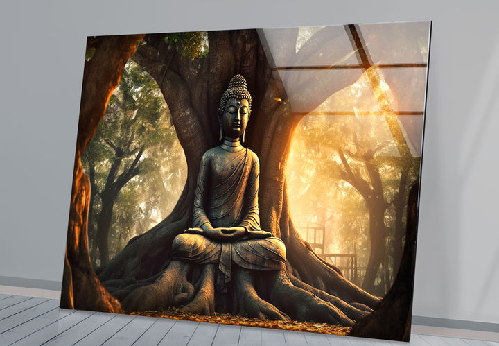 Buddha Under Tree Wall Art – Tranquil Sunrise Meditation Glass Print