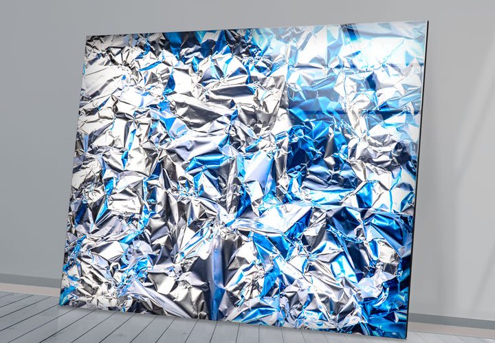 Crinkled Silver Foil Wall Art – Abstract Metallic Texture Glass Print