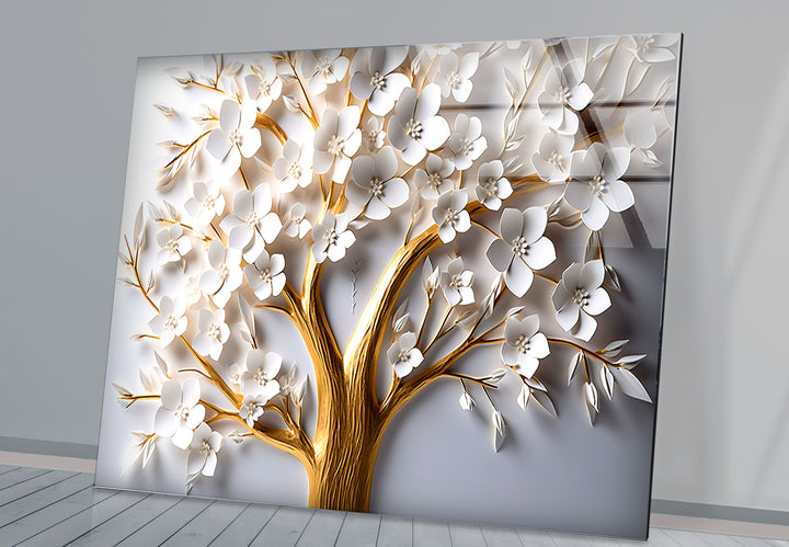 Golden Blooming Tree Wandkunst – Weißer Blumenglasdruck für elegantes Dekor