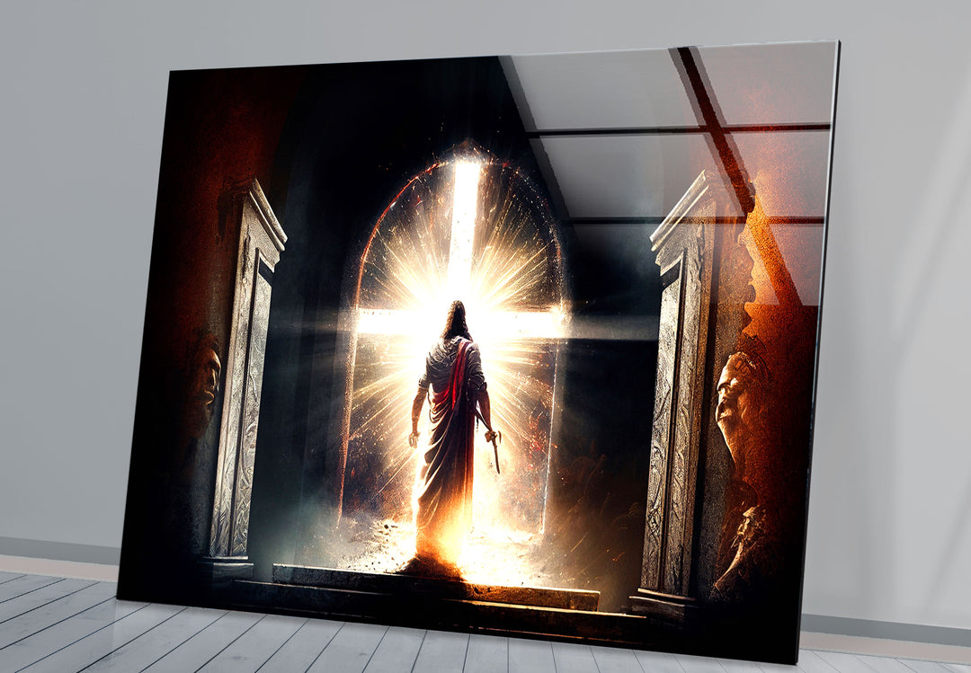 Jesus steht vor dem strahlenden Kreuz – Christlicher Wandbild-Glasdruck