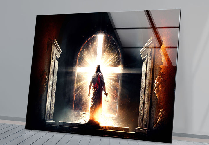 Jesus steht vor dem strahlenden Kreuz – Christlicher Wandbild-Glasdruck