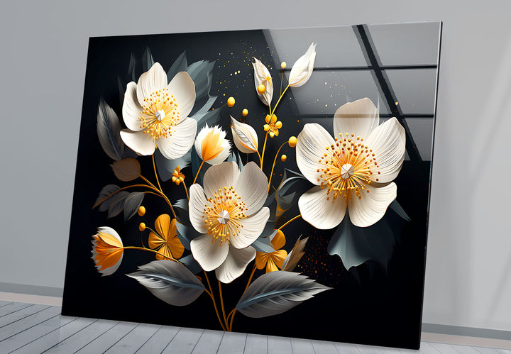 Elegant Bloom Glass Wall Art – White & Gold Floral Design