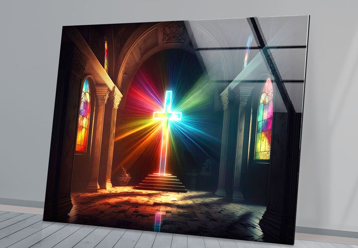 Radiant Cross Wall Art – Colorful Light Burst Christian Glass Print