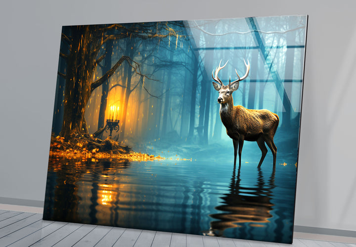 Mystische Wald Hirsch Wandkunst – Verzauberte Natur Glasdruck Dekor