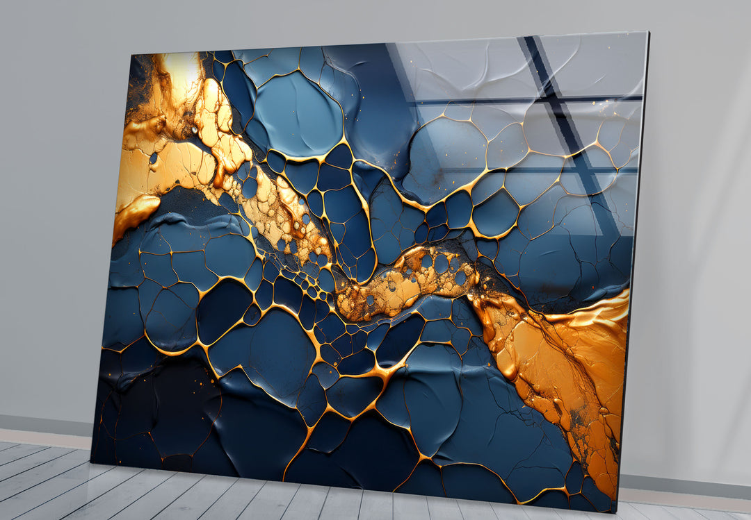 Dark Blue and Gold Abstract Wall Art – Cracked Fluid Glass Print Design