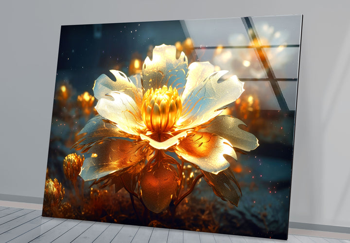 Golden Bloom Glass Wall Art – Luminous Abstract Flower Print