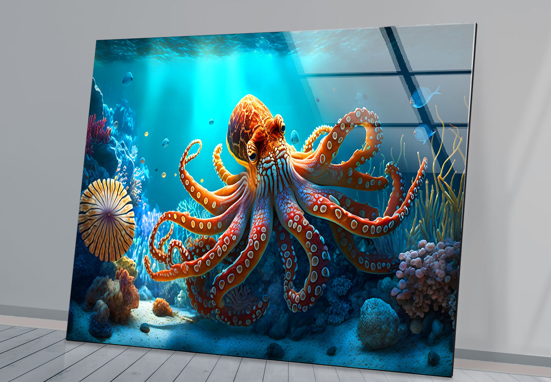 Octopus Underwater Wall Art – Vibrant Coral Reef Ocean Scene Glass Print
