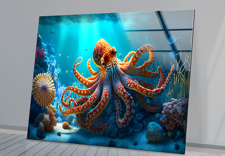 Octopus Underwater Wall Art – Vibrant Coral Reef Ocean Scene Glass Print
