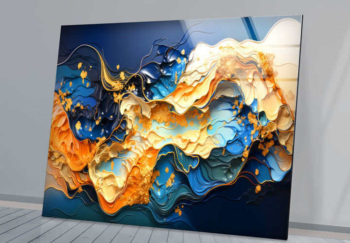 Blue Gold Abstract Wave Wall Art – Modern Fluid Glass Print for Interior Elegance