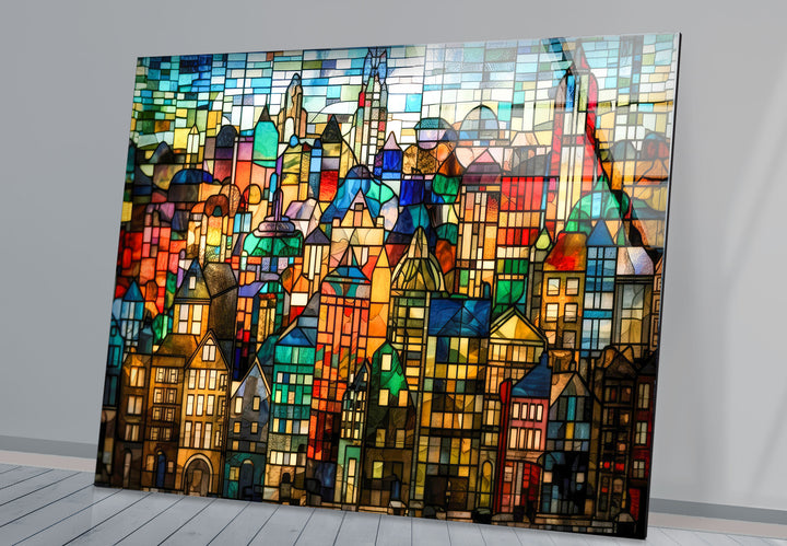 Bunte Stadtwandkunst aus Buntglas – Urban Skyline Glasdruck-Design