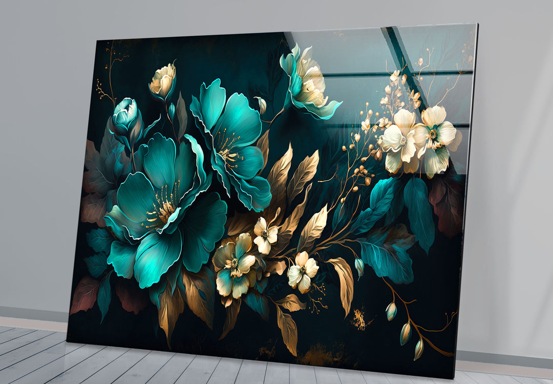 Blaugrüne und goldene florale Wandkunst – Luxuriöses botanisches Glasdruckdesign
