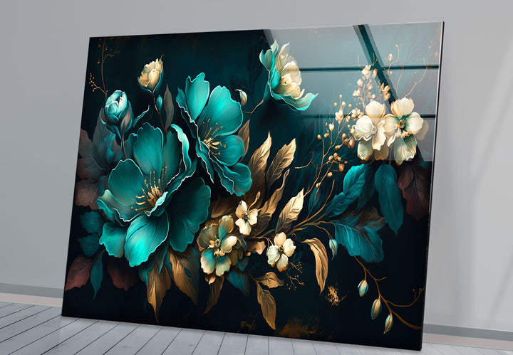 Blaugrüne und goldene florale Wandkunst – Luxuriöses botanisches Glasdruckdesign