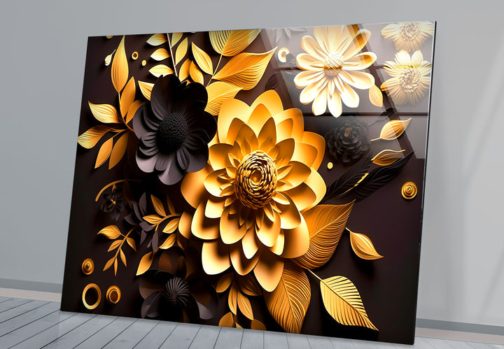 Golden Bloom Florale Wandkunst – Dekor aus gehärtetem Glas in Schwarz und Gold
