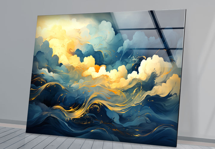Goldener Himmel &amp; Meereswellen Wandkunst – Abstrakter Glasdruck von Dreamy Horizon 