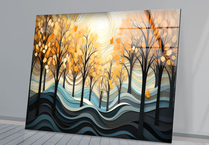 Golden Forest Glass Wall Art – Autumn Trees Abstract Landscape Decor