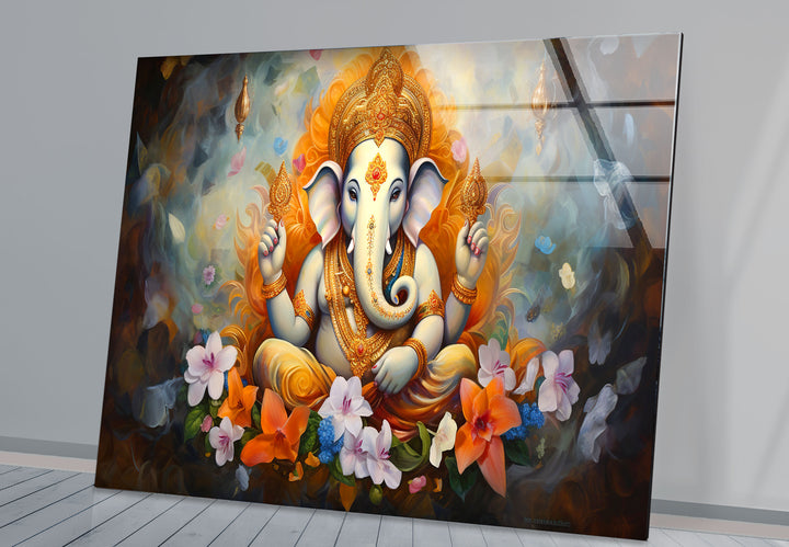 Sacred Ganesha Wall Art – Divine Floral Hindu Decor Glass Print