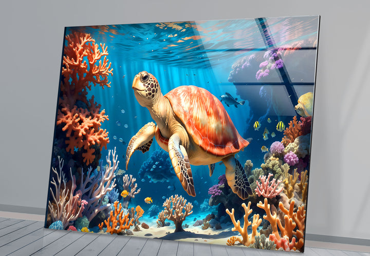 Sea Turtle Underwater Wall Art – Coral Reef Ocean Scene Glass Print