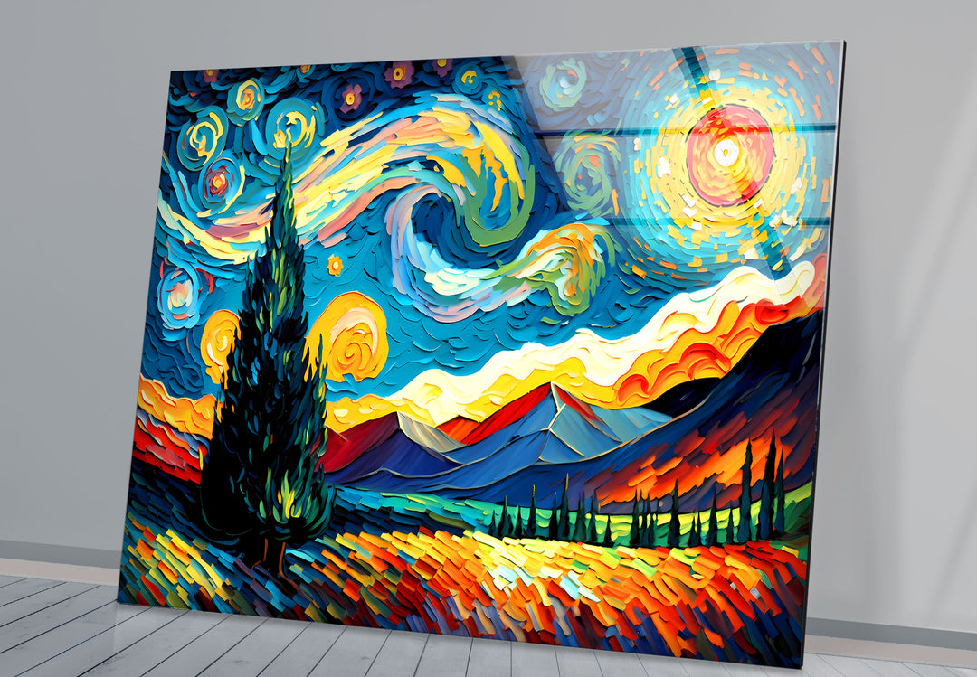Sternennacht-Landschaftswandkunst – Van Gogh inspirierter bunter Glasdruck