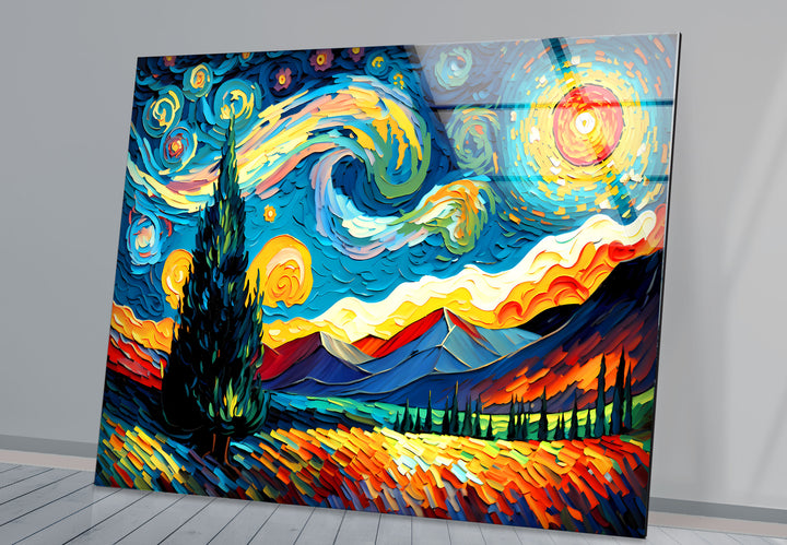 Sternennacht-Landschaftswandkunst – Van Gogh inspirierter bunter Glasdruck