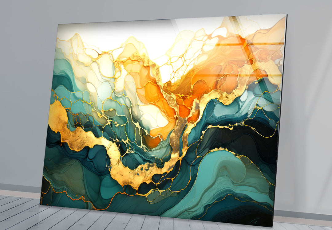 Golden Horizon Abstract Wall Art – Emerald & Gold Tempered Glass Print