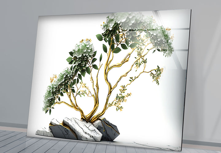 Goldene Bonsai-Baum-Wandkunst – Weißer Blumenglasdruck mit Marmorsteinen