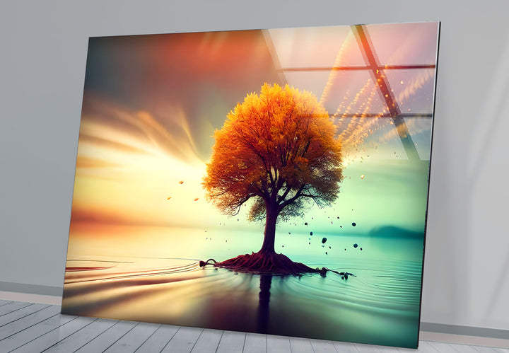 Schwebende Herbstbaum-Wandkunst – Ruhiges Landschafts-Glasdruck-Design