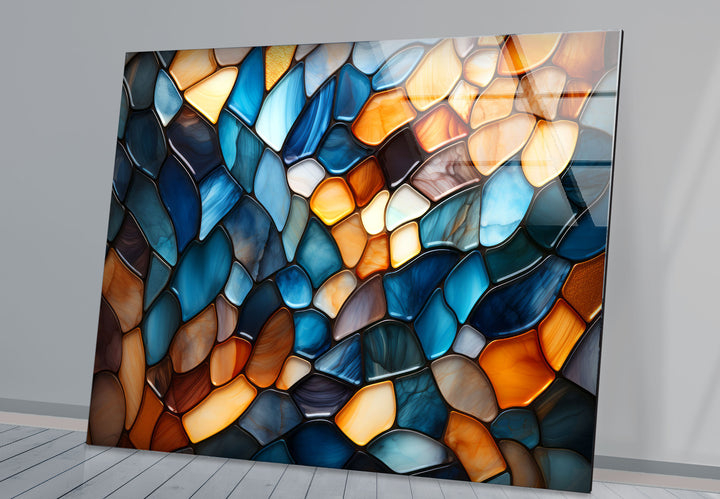 Wandbild mit Buntglasmuster – Abstrakter blauer und bernsteinfarbener Glasdruck 
