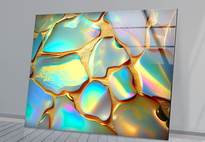 Iridescent Abstract Wall Art – Gold and Rainbow Glass Print Design