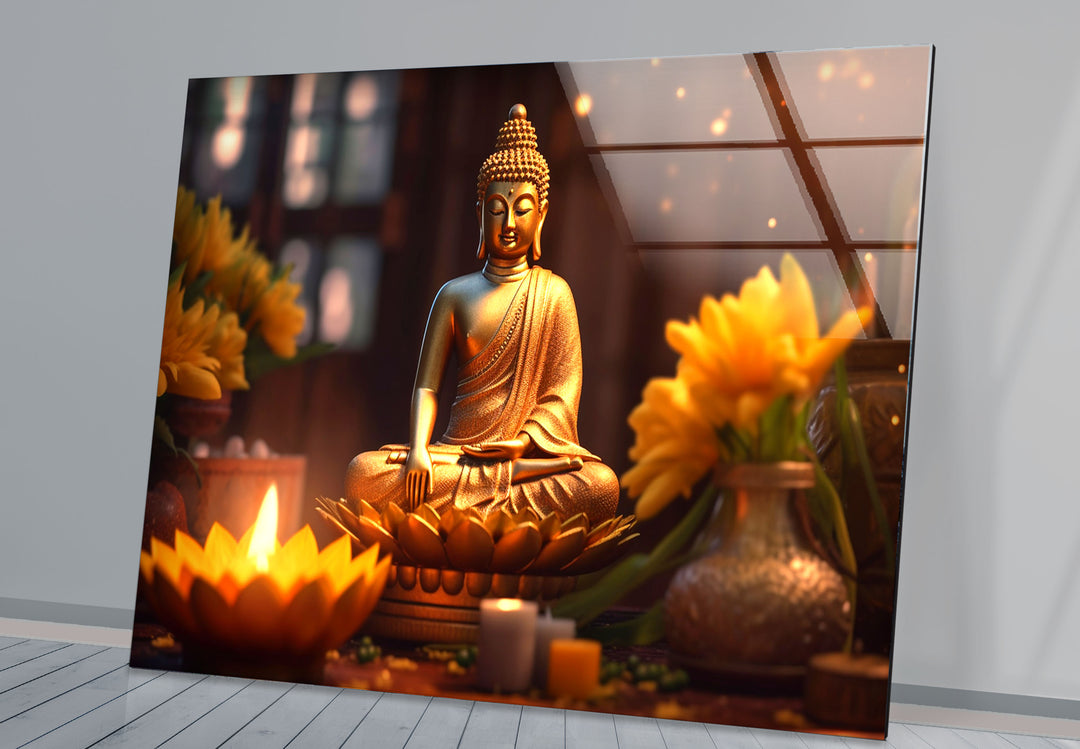 Golden Buddha Serenity Wall Art – Peaceful Candlelit Meditation Glass Print