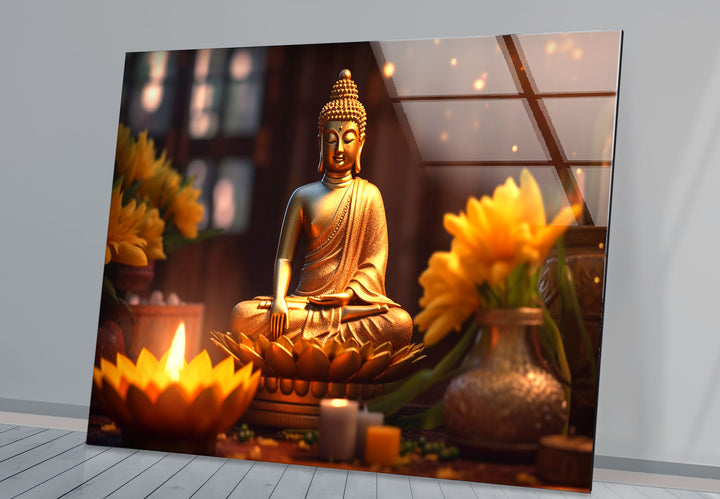Golden Buddha Serenity Wall Art – Peaceful Candlelit Meditation Glass Print