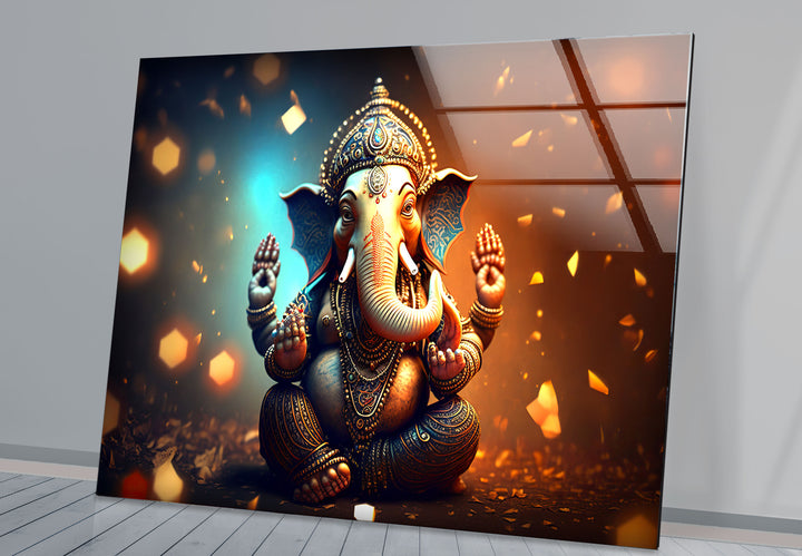 Golden Lord Ganesha Wall Art – Spiritual Glass Print for Sacred Decor