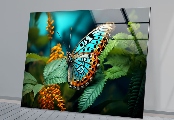 Blue Monarch Glaswandkunst – Lebendiger Schmetterling auf Blattdruck 