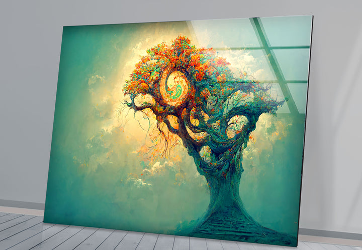 Spiralbaum-Wandkunst – Mystisches Fantasy-Lebensbaum-Glasdruck-Design
