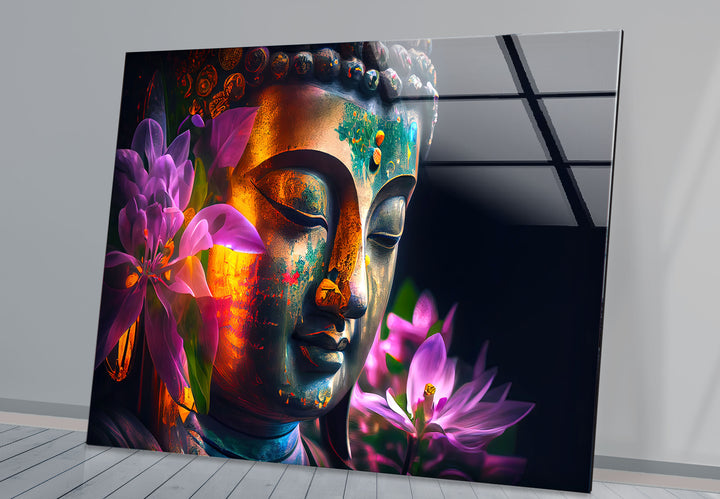 Colorful Buddha Wall Art – Floral Enlightenment Glass Print