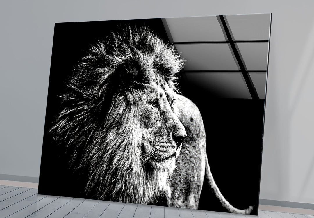 Black and White Lion Wall Art – Majestic Wildlife Glass Print Design