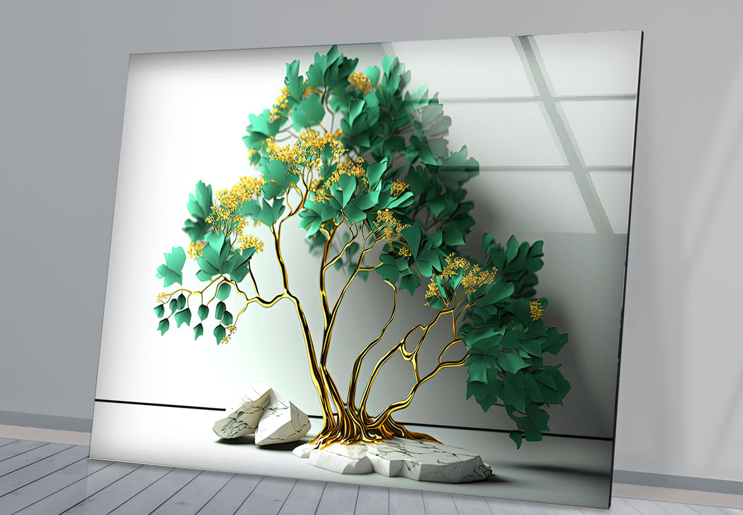 Elegante grüne Baum-Wandkunst – Goldener botanischer Glasdruck mit Marmorsockel