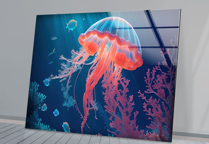 Neon Quallen Wandkunst – Unterwasser Ozean Szene Glas Druck Dekor