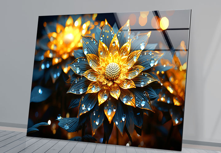 Golden Glow Floral Wall Art – Illuminated Flower Glass Print Design