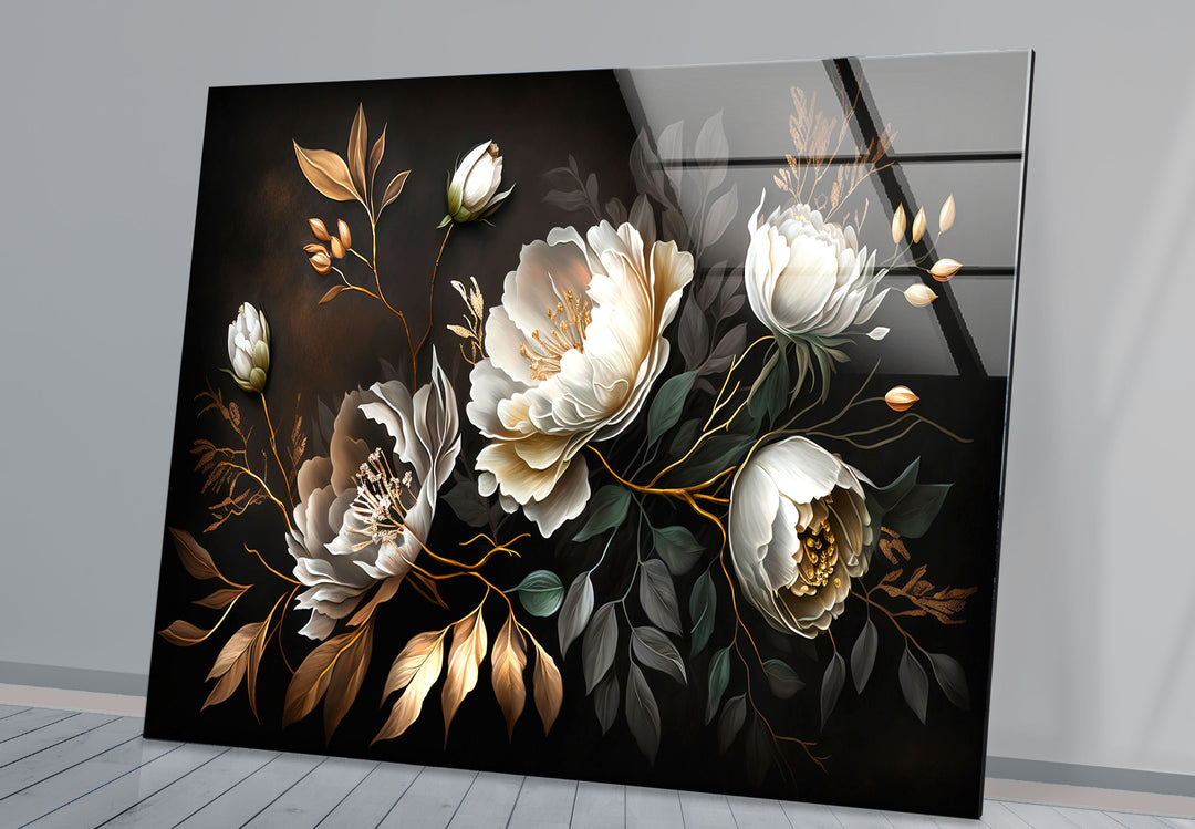 Elegante weiße Pfingstrosen-Wandkunst – Dunkler Blumendruck auf Glas mit goldenen Akzenten