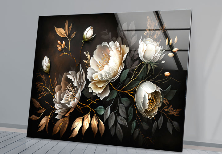 Elegante weiße Pfingstrosen-Wandkunst – Dunkler Blumendruck auf Glas mit goldenen Akzenten
