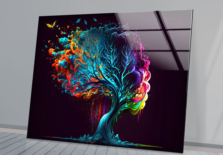 Farbenfrohe Fantasy-Baum-Wandkunst – Lebendiges abstraktes Glasdruck-Design