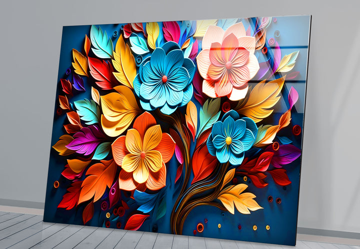 Lebendige florale Explosions-Wandkunst – Buntes Blumendesign aus gehärtetem Glas