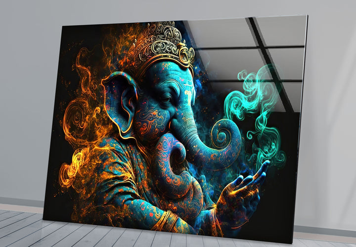 Spiritual Ganesha Wall Art – Vibrant Hindu Deity Glass Print Decor