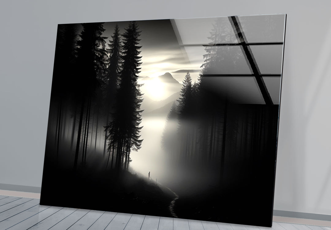 Foggy Forest Black and White Wall Art – Minimalist Glass Print Decor