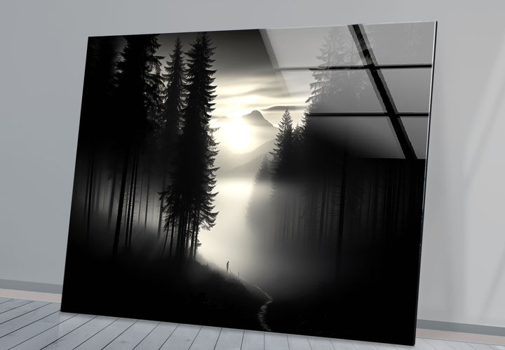 Foggy Forest Black and White Wall Art – Minimalist Glass Print Decor